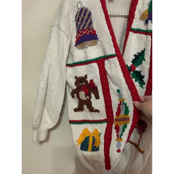 Vintage Christmas 1980's White Christmas Sweater Knitted Cardigan Toys Hong Kong - Picture 2 of 7